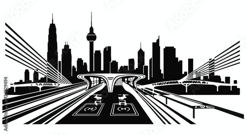 Futuristic cityscape with elevated highways and skyscrapers, symbolizing progress and modern infrastructure.