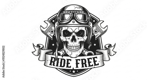 Black and white skull wearing motorcycle helmet with goggles and wrench tools ride free banner