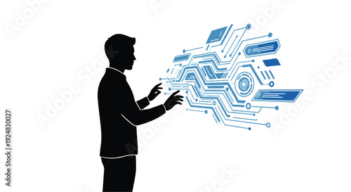 Man in silhouette interacting with futuristic glowing digital interface