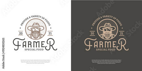 Old man farmer wearing hat vintage retro logo badge vector illustration