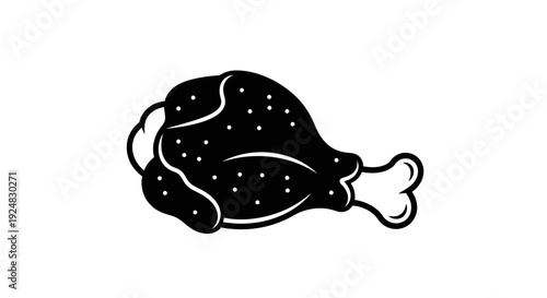 Black and White Icon of a Cooked Chicken Leg, Isolated on White Background
