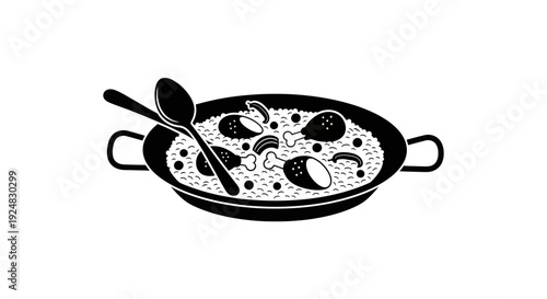 Black and White Icon of Paella Dish with Chicken and Spoon