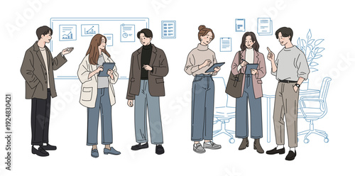 Office Conversation: Colleagues Sharing Ideas,Team Meeting in a Minimal Line Art Office