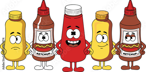 Cute Ketchup & Mustard Cartoon Characters  Funny Condiment Mascots