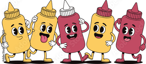 Cute Ketchup & Mustard Cartoon Characters  Funny Condiment Mascots