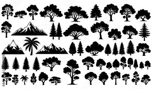 Diverse Biome Tree Silhouette Collection Including Rainforest Mountain and Coastal Species Vector