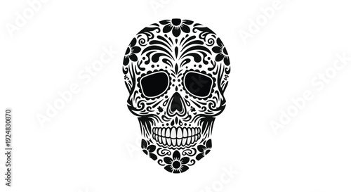 Intricate black and white sugar skull art with floral patterns on white background