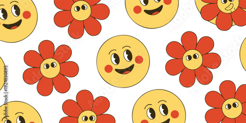 Cute Smiling Flower Outline Icon Set  Happy Cartoon Floral Collection