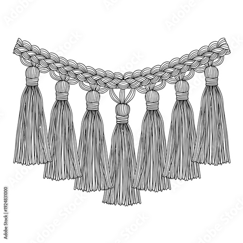Intricate tassel trim design with braided details isolated on a white background, showcasing elegant decorative elements