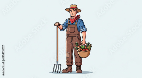 Farmer holding basket of fresh vegetables and pitchfork standing in rustic outdoor setting with gardening tools