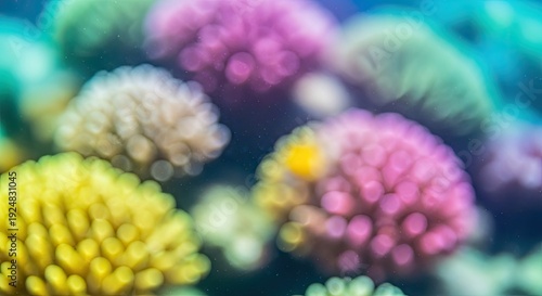 Vibrant underwater coral reef with colorful marine life in a blurred, abstract style.