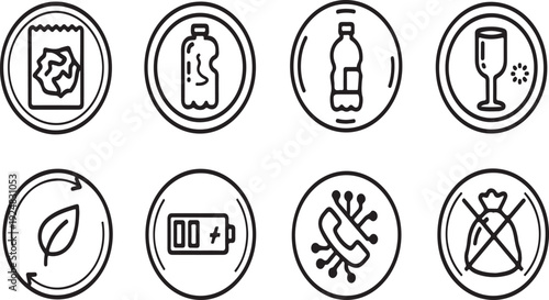 Eight icons representing various recycling and non-recycling items Vector