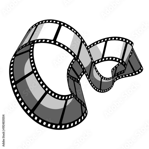 Curled film strip intricately twisted and isolated on a white background, showcasing classic cinematic style and artistic composition
