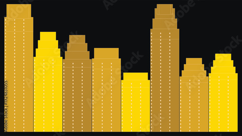 Art Deco inspired 1920s geometric skyscrapers in a luxurious golden palette, isolated on a dark background with dramatic contrast