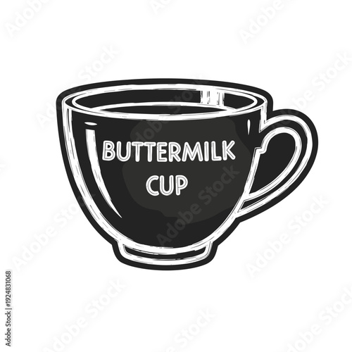 Illustration of a buttermilk cup in black and white, featuring bold text, isolated on a white background