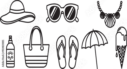 Assorted summer items including a hat, sunglasses, and an umbrella Vector