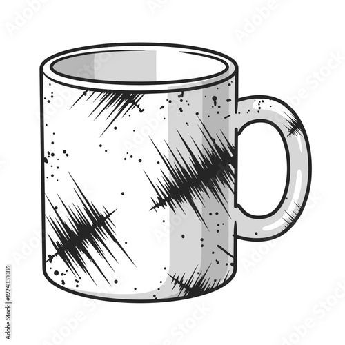 Illustration of a scratched white mug isolated on a plain background with bold artistic lines and textured details
