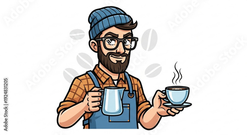 Barista man holding steaming hot coffee cup and jug with milk wearing blue apron and beanie smiling