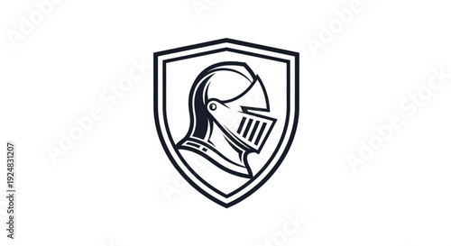 Medieval knight's helmet on shield heraldic symbol black and white illustration vector graphic