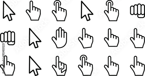 Digital Interaction Icons: A sleek collection of hand and cursor icons. Showcasing a range of interaction symbol, indicating actions such as click, pointing, selection, and navigation.
