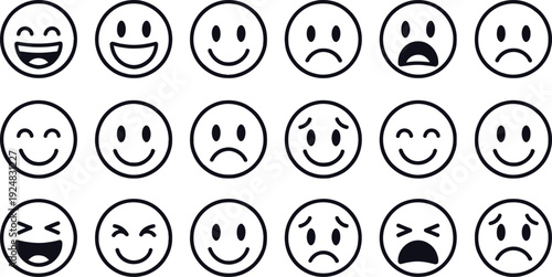 Emotions Array: An array of simple line-art face emojis, each portraying a distinct feeling, ranging from happiness and joy to sadness and anger, to help understanding and communication