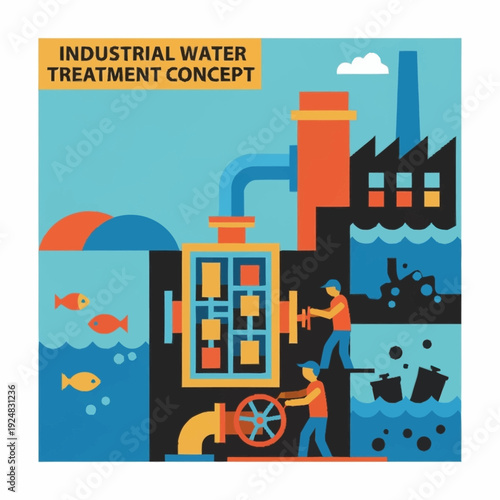 Industrial water treatment process illustration with workers and machinery.