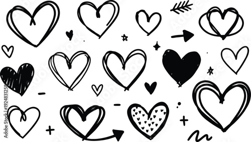 Hand-drawn Heart Collection: An assorted set of whimsical, hand-drawn hearts in various shapes and styles, showcasing unique textures and designs perfect for adding a touch of love and creativity.
