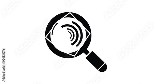 Magnifying glass focusing on sound waves, representing search and discovery of audio information.