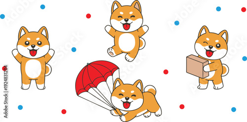 Cute Shiba Inu Cartoon Character Set Playful Kawaii Dogs