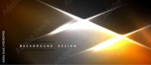 Abstract design features bright light streaks, gradients. Dark background contrasts with vibrant orange, white elements. Modern, dynamic composition.