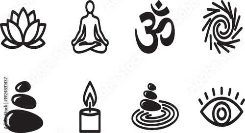 A variety of symbols representing meditation, spirituality, and relaxation techniques Vector