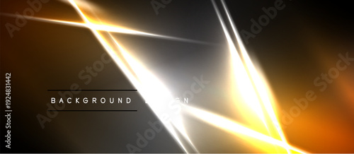 Abstract design features bright lines, gradients. Dark background contrasts with golden, white illumination. Modern aesthetic.