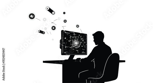 Silhouette of a person working on a computer with abstract digital data flowing outwards.
