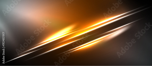 Abstract design features bright orange glow, diagonal lines, dark background. Modern, dynamic composition creates visual impact.