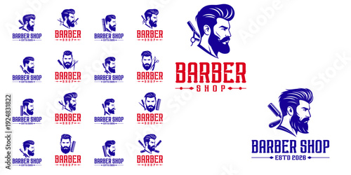 A collection of flat illustrations of men's faces with various hairstyles and shaving tools for barbershop logo designs, products for men.