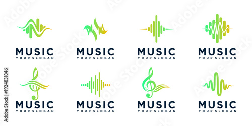 Colorful audio logo collection with waveform, speaker, and sound icons, perfect for music brands, podcasts, audio apps, streaming services, and modern digital branding.