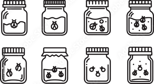 Assorted jars and containers with various fruits and jams illustrated in black and white Vector