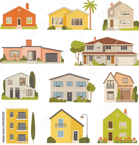 Flat minimalist houses collection, suburban residential home exterior vector illustration set isolated on white background architecture concept