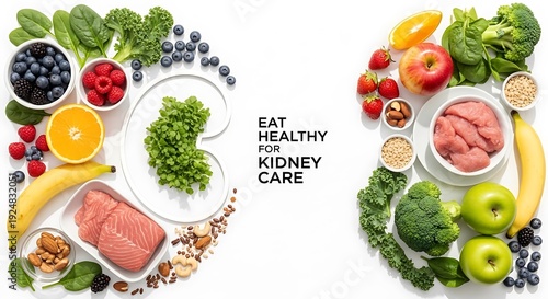 Assorted healthy food items arranged in kidney shape promoting kidney care nutrition from various viewpoints