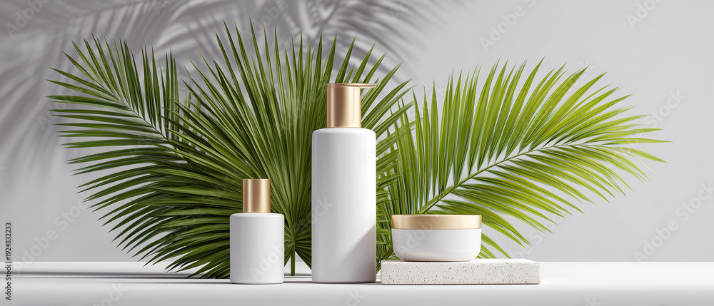 Fototapeta premium Beauty product presentation with palm fronds and clean textures.