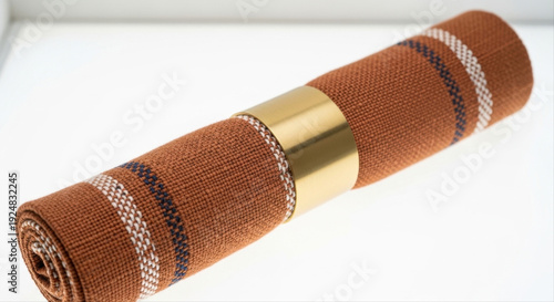 Brown woven placemat neatly folded and isolated on a white background, featuring a gold band and intricate striped patterns, showcasing elegant table decor