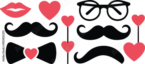 Valentine’s Day Fun Icon Set Mustache, Lips & Glasses Accessories