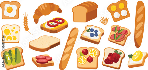 Flat vector breakfast bread collection, toast with egg fruit cheese croissant baguette sandwiches isolated illustration on white background