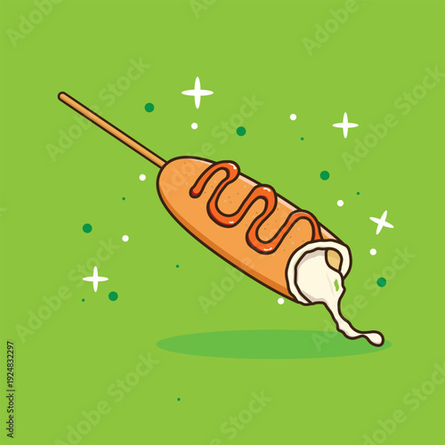 Flat cartoon vector illustration of corn dog snack with sauce on top and melted mozzarella cheese isolated on green background