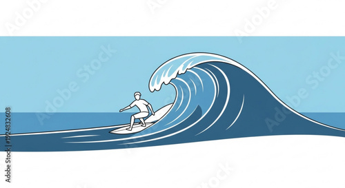 Surfer riding massive blue ocean wave on white surfboard under clear sky