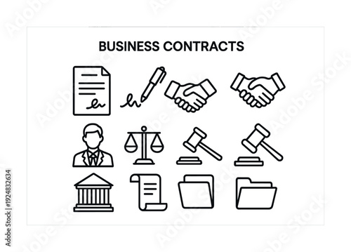 Business contracts icon set: agreement, handshake, gavel, file, pen, justice symbols