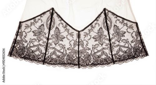 Elegant lace slip with intricate black floral patterns isolated on a pristine white background