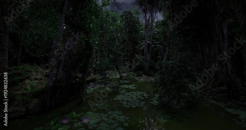 Photography Ancient cypress cathedral over murky water with massive buttressed trunks and ha