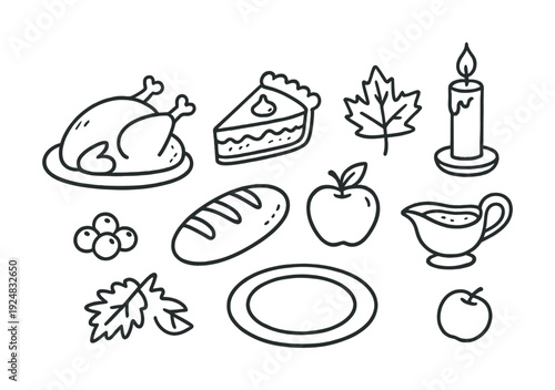 Thanksgiving doodle collection: turkey, pie, candle, leaves, and more festive icons
