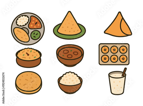 Colorful indian cuisine icons featuring rice, samosa, idli, and lassi